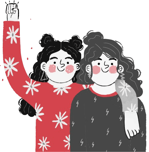 Illustration of two people standing together in a supportive, empowering pose.